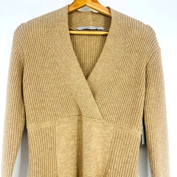 Athleta Chalet Tan Merino Wool Long Sleeve Ribbed V-Neck Stretchy Sweater Dress - Picture 6 of 10